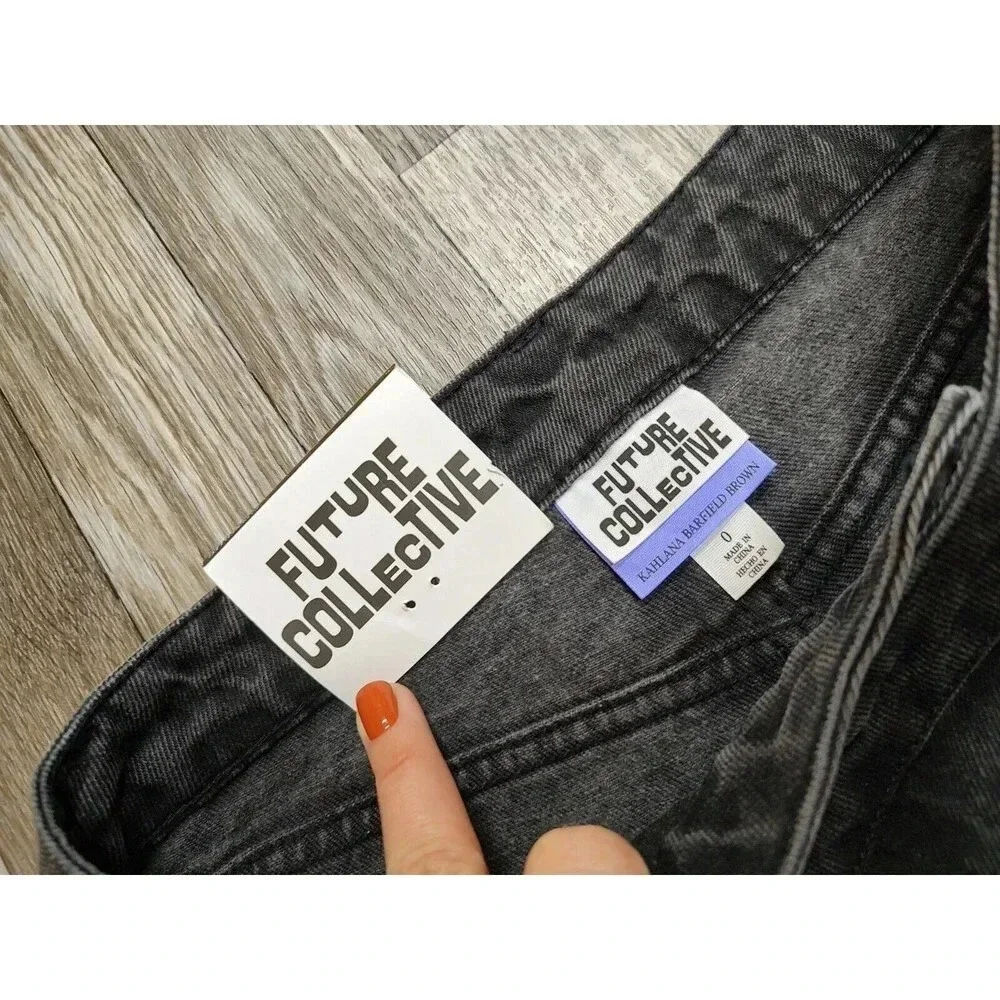 Future Collective Kahlana Brown Size 0 Jeans Black Overlap Waist Tapered Leg NWT - Picture 8 of 12